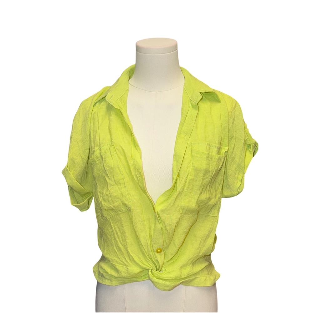 Sunburst Kiss Button Up Top Womens L Neon Yellow Excellent Smocked Tie Front